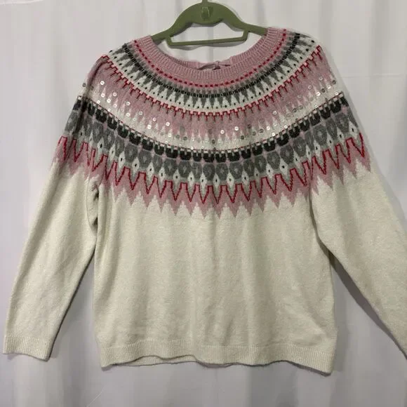 Talbots Icicle Fair Isle Sweater Cream Pink Bow Back Sequin Size XL Winter - Picture 4 of 11